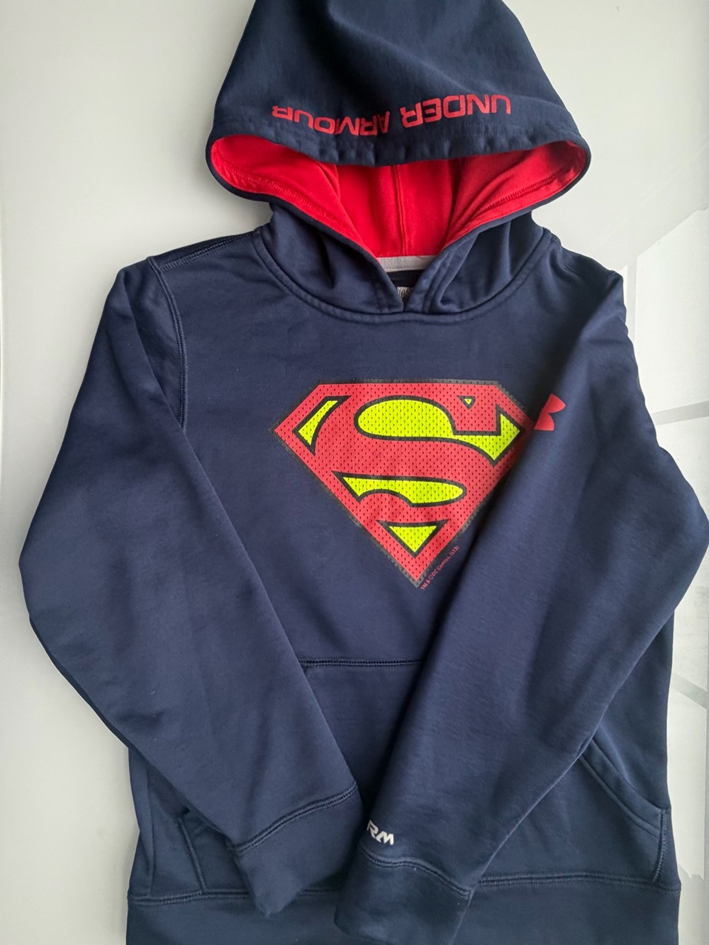 Under Armour Kids Navy Hoodie with Red Lined Hood and Yellow-Red Superman YXS